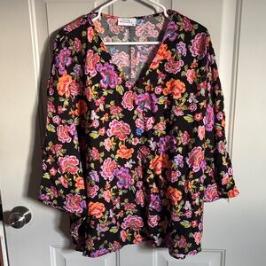 Floral V-Neck Blouse - Black and Multicolor